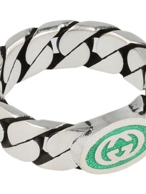 size 20 US 9 Gucci Interlocking G Band Enamel Green Ring Sterling Silver 925